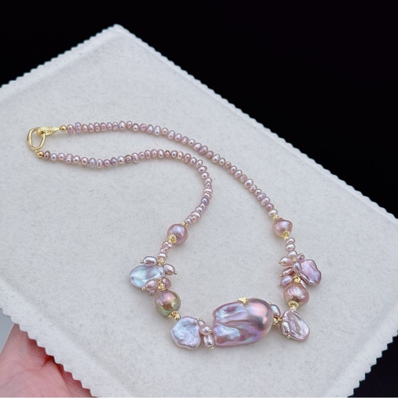 D44 Handmade Freshwater Baroque Pearl Necklace with Flame Ball Pendant - Picture 2 of 8